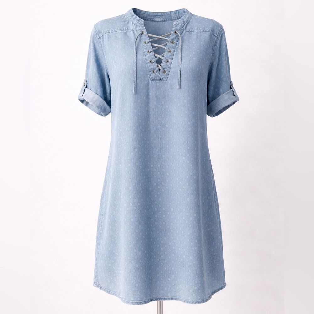 Philosophy Denim Shirt Dress Lace-Up Neck w/ pockets NWT Size Medium